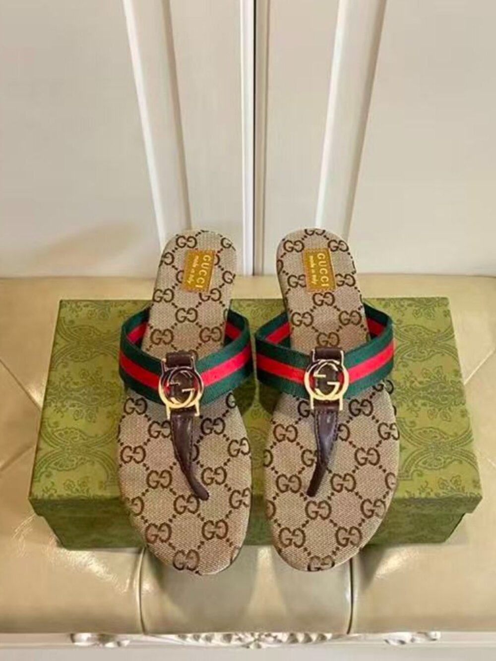 Gucci GG Supreme Web Strap Thong Sandals